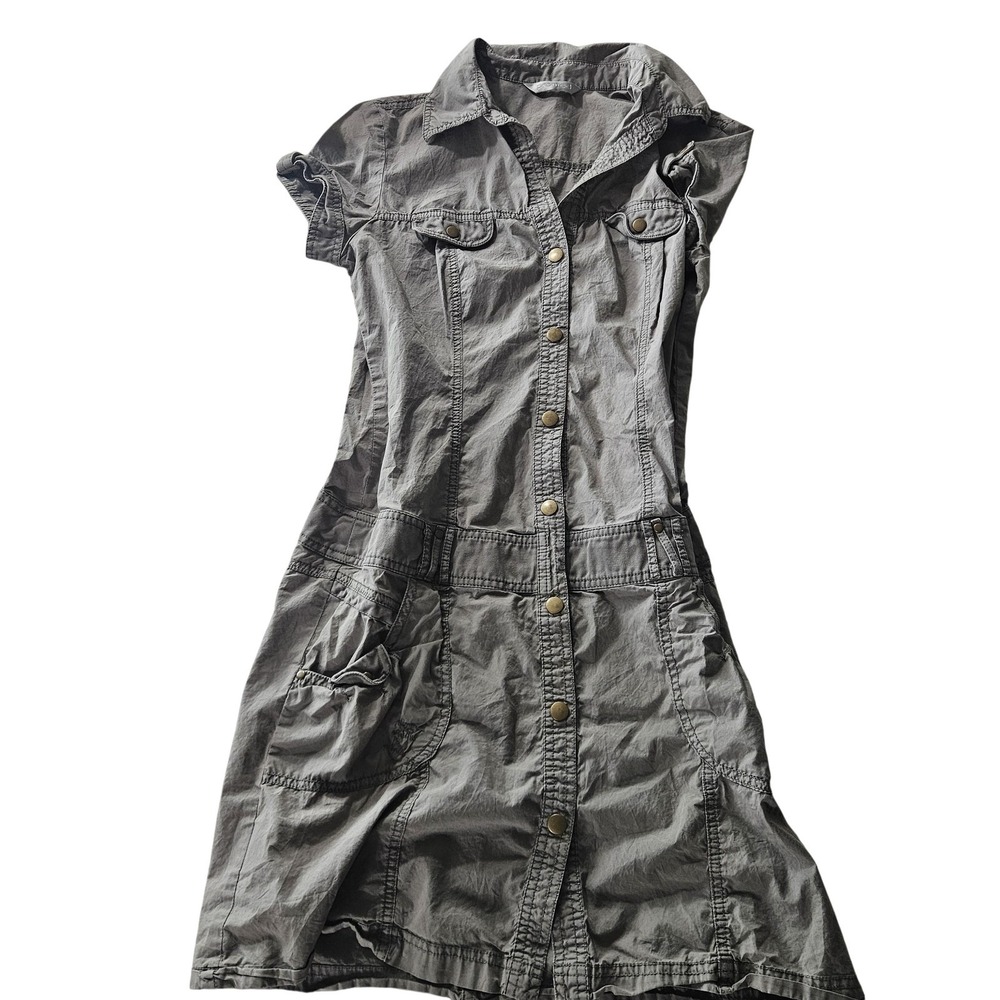 Promod Shirt Dress Womens EU 36 Gray Button Front Short Sleeve Pockets Collared‎